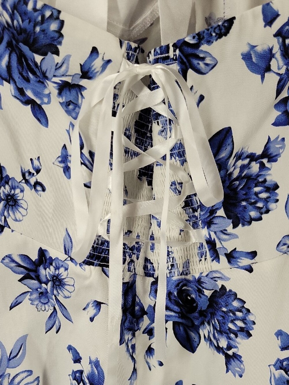 White Midi Dress with Blue Floral Print and Sweetheart Bodice - Picture 5 of 7